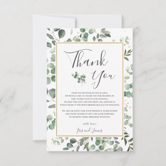 Chic Eucalyptus Greenery Gold Rectangle Wedding Bedankkaart (Voorkant)