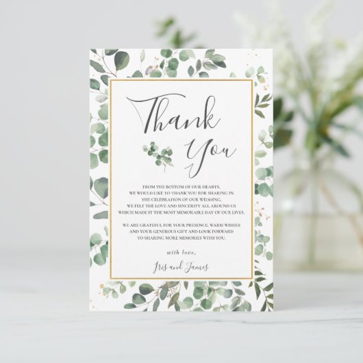 Chic Eucalyptus Greenery Gold Rectangle Wedding Bedankkaart (Staand voorkant)