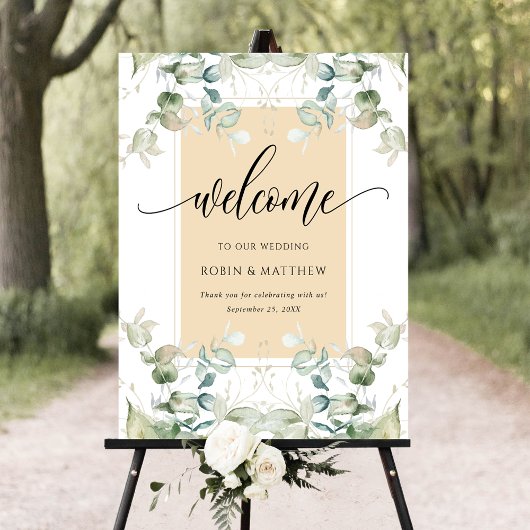 Chic, Eucalyptus Greenery Welkome Beige Tan Sign Poster