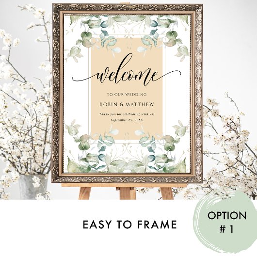 Chic, Eucalyptus Greenery Welkome Beige Tan Sign Poster