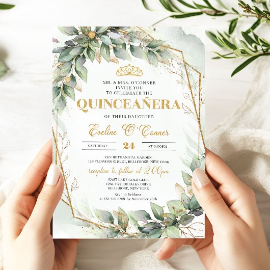 Chic eucalyptus groen goud glitter Quinceañera Kaart