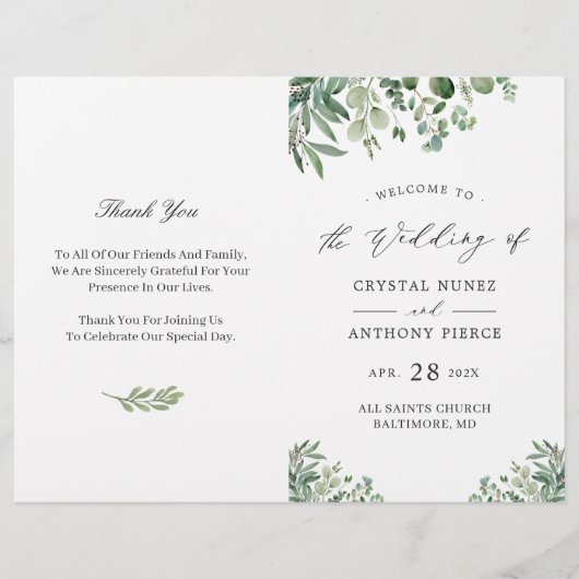 Chic Eucalyptus leest DIY Folded Wedding Program (Voorkant)