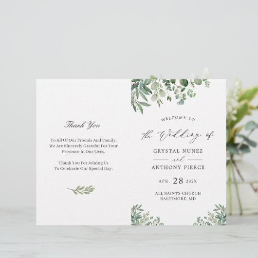 Chic Eucalyptus leest DIY Folded Wedding Program (Staand voorkant)