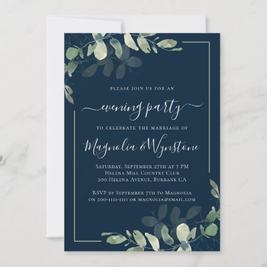 Chic Eucalyptus Navy Blue Wedding Reception Kaart (Voorkant)