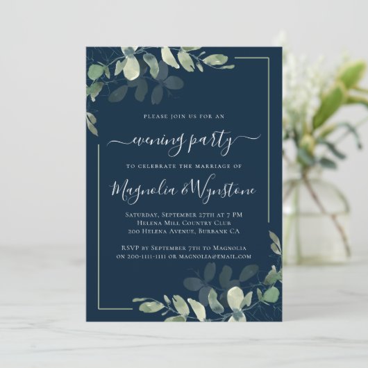 Chic Eucalyptus Navy Blue Wedding Reception Kaart (Staand voorkant)