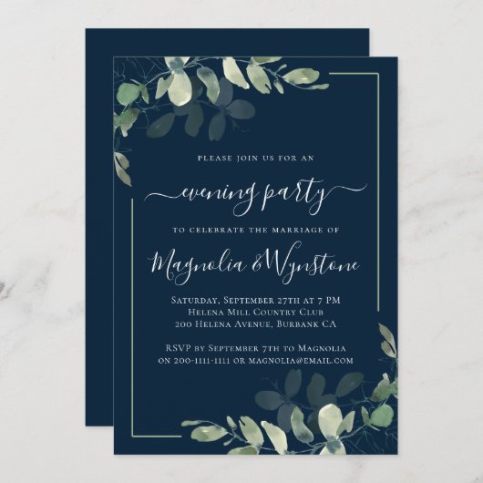 Chic Eucalyptus Navy Blue Wedding Reception Kaart (Voorkant / Achterkant)