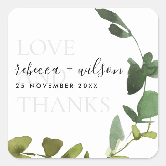 CHIC EUCALYPTUS WATERVERF LOVE EN BEDANKT WEDING VIERKANTE STICKER (Voorkant)