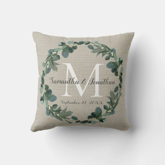 Chic Eucalyptus Wreath Monogram Weddenschap Kussen (Achterkant)