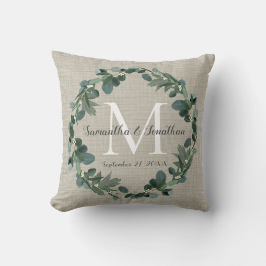 Chic Eucalyptus Wreath Monogram Weddenschap Kussen (Voorkant)