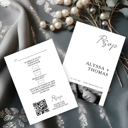 Chic Extra Minimalist Black & White Photo Wedding  RSVP Kaartje
