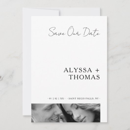 Chic Extra Minimalist Black & White Photo Wedding Save The Date (Voorkant)