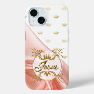 Chic Faith Roze Satijn Gouden Kroon Design Jezus iPhone 15 Case