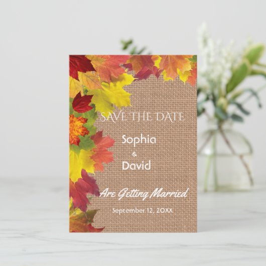 Chic Fall Leaves Burlap Wedding BEWAREN DE DATUM Save The Date (Staand voorkant)
