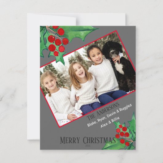 Chic Familie Foto Waterverf Christmas Holly Feestdagenkaart (Voorkant)