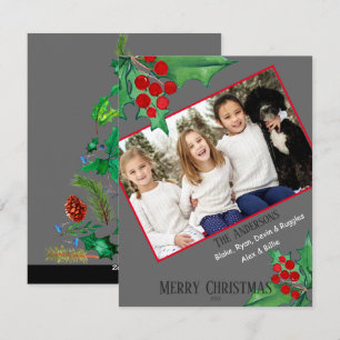 Chic Familie Foto Waterverf Christmas Holly Feestdagenkaart