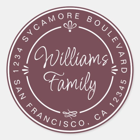Chic Familie Monogram Retouradres Burgundy Ronde Sticker (Voorkant)