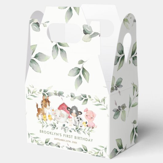 Chic Farm Animals Barnyard Greenery 1st Birthday Bedankdoosjes (Geopend)