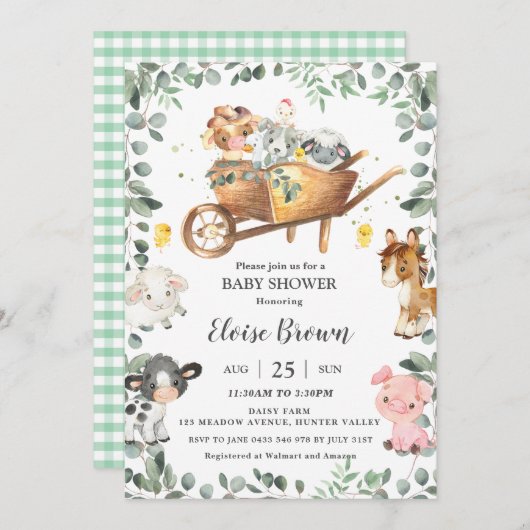 Chic Farm Animals Barnyard Greenery Baby shower I Kaart (Voorkant / Achterkant)