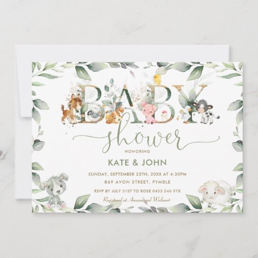 Chic Farm Animals Greenery Baby shower Neutraal Kaart (Voorkant)