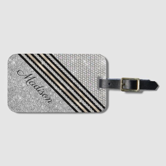 Chic faux Crystal en Silver glitter Persoonlijk Bagagelabel (Voorkant (horizontaal))