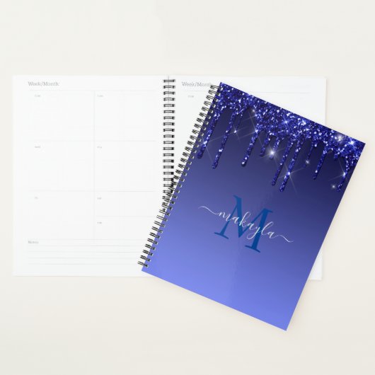 Chic Faux Dark Blue Glitter Drivers Monogram Naam Planner (Display)