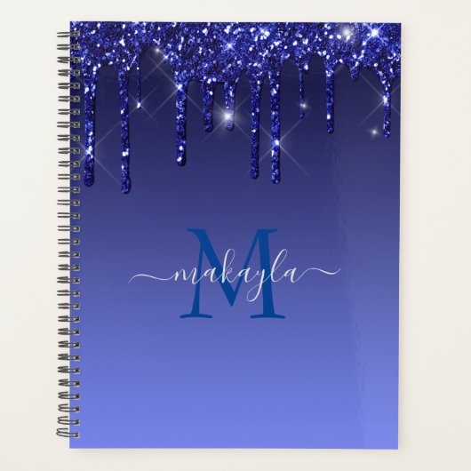 Chic Faux Dark Blue Glitter Drivers Monogram Naam Planner (Voorkant)