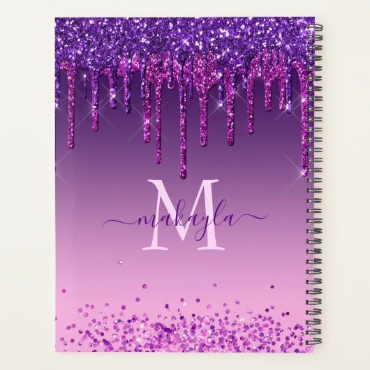 Chic Faux Dark Paars Glitter Drift Monogram Naam Planner (Achterkant)