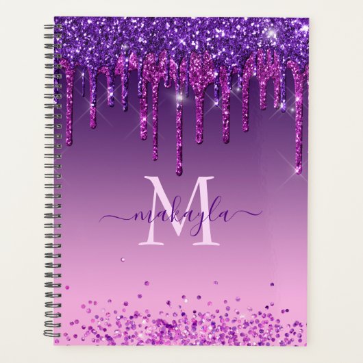 Chic Faux Dark Paars Glitter Drift Monogram Naam Planner (Voorkant)