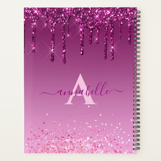 Chic Faux Dark Pink Glitter Drift Monogram Naam Planner (Achterkant)