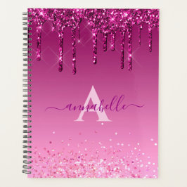 Chic Faux Dark Pink Glitter Drift Monogram Naam Planner