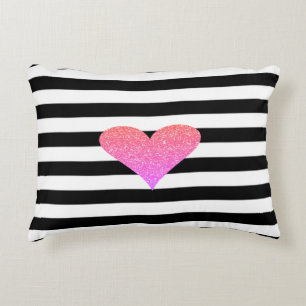 Chic Faux Glittery Hearts Black White Stripes Accent Kussen