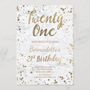 Chic Faux Gold confetti white marble 21st Birthday Kaart