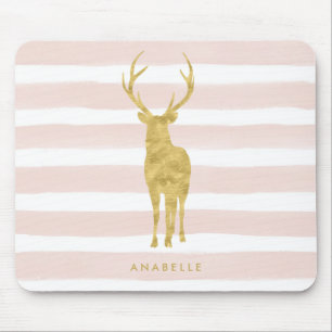 Chic Faux Gold Foil Deer on Pink Stripes Muismat