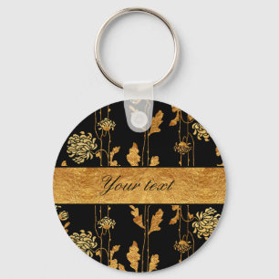 Chic Faux Gold Foil Flowers op Black Sleutelhanger