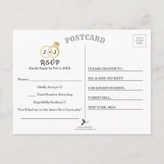 Chic Faux Gold Foil Monogram Wedding RSVP Uitnodiging Briefkaart (Achterkant)