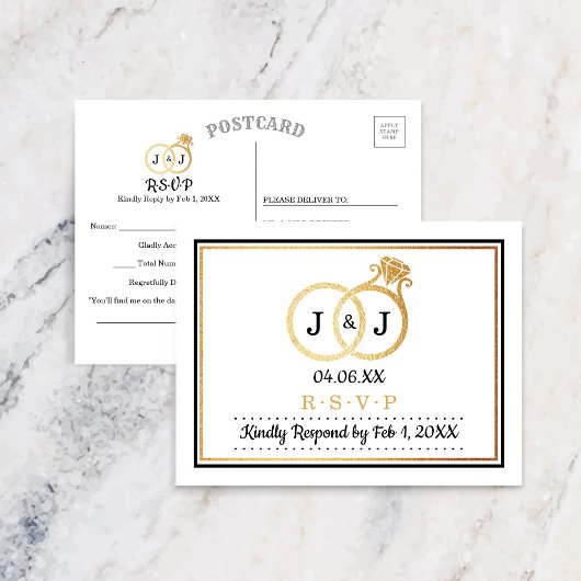 Chic Faux Gold Foil Monogram Wedding RSVP Uitnodiging Briefkaart