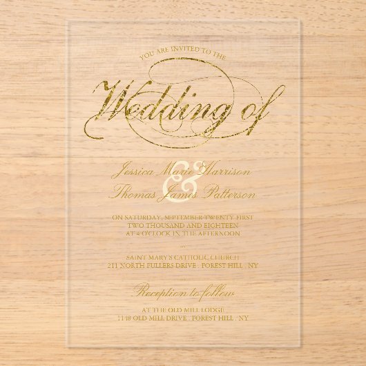 Chic Faux Gold Foil Script Wedding Acryl Uitnodigingen (Voorkant)