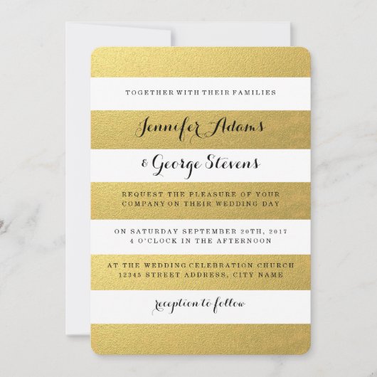 CHIC FAUX GOLD FOIL STRIPES WEDDING INVITATION KAART (Voorkant)