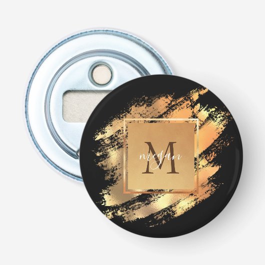 Chic Faux Gold Glam Brushstroke Monogramed Button Flesopener (Voorkant)