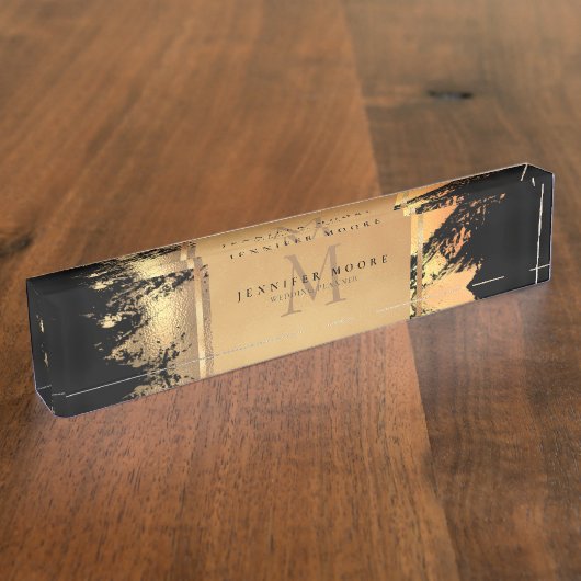 Chic Faux Gold Glam Brushstroke Monogramed Naambordje (Zijkant)