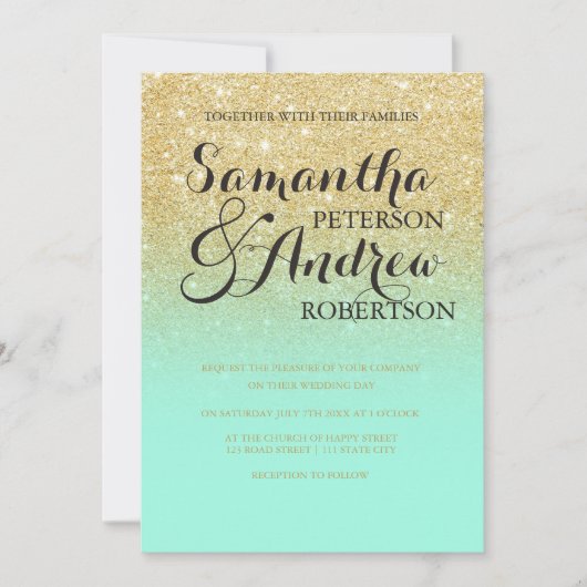 Chic faux gold glitter mint green bruiloft kaart (Voorkant)