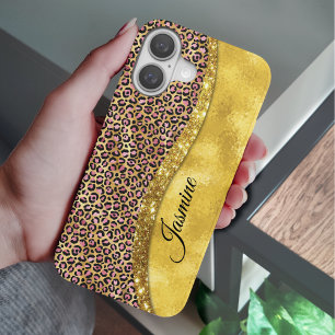 Chic faux Gold glitter roze dierlijk afdrukken Mon iPhone 16 Hoesje