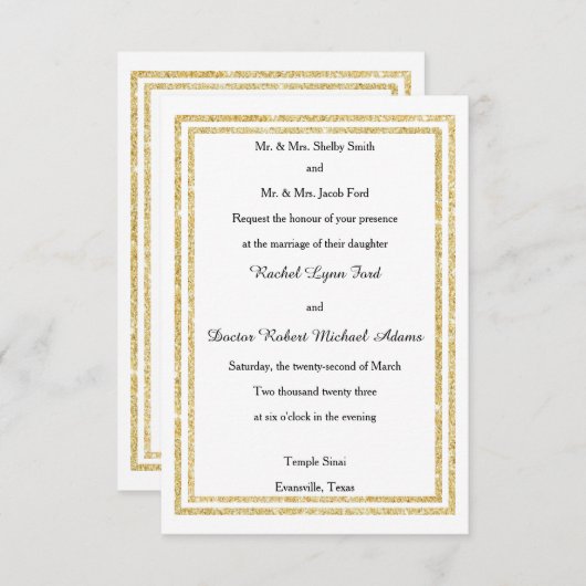 Chic Faux Gold Glittered Trim - 3x5 Wedding Invite Kaart (Voorkant / Achterkant)