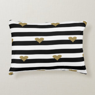Chic Faux Gold Glittery Hearts Black White Stripes Accent Kussen