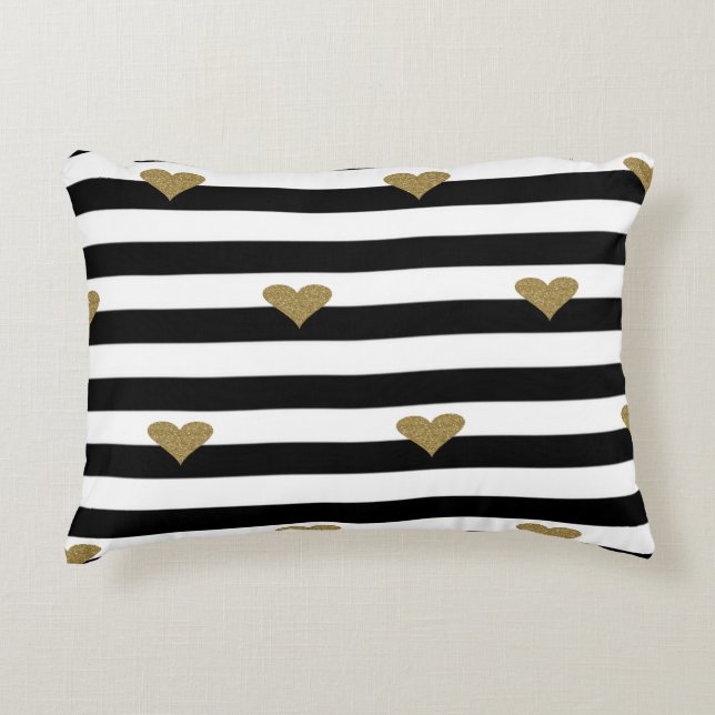 Chic Faux Gold Glittery Hearts Black White Stripes Accent Kussen (Voorkant)