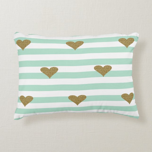 Chic Faux Gold Glittery Hearts Mint Green Stripes Accent Kussen (Voorkant)