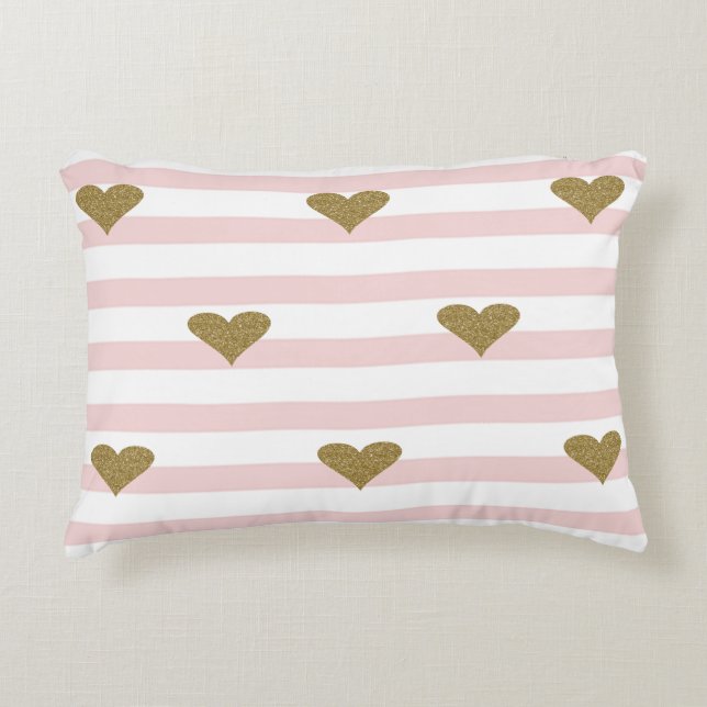 Chic Faux Gold Glittery Hearts Pink Stripes Accent Kussen (Voorkant)