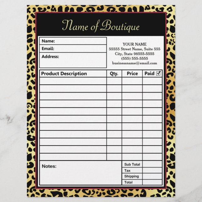 Chic FAUX Gold Leopard Print Boutique Order Form (Voorkant)