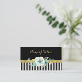 Chic Faux Gold Mint Flowers Black Stripes Salon Visitekaartje (Staand voorkant)