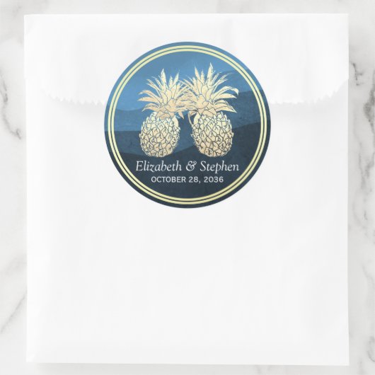 Chic Faux Gold Pineapple Couple Blue Wave Wedding Ronde Sticker (Tas)
